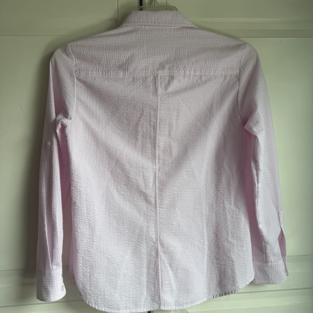 Finley Seersucker Classic Pink Blouse Shirt Open Neck‎ Womens Small Long Sleeve - Picture 3 of 9